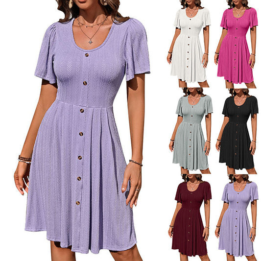 Akatonbo Summer U-Neck Short-Sleeved Dress With Button Design Fashion Casual Solid Color Holiday Dress For Womens Clothing