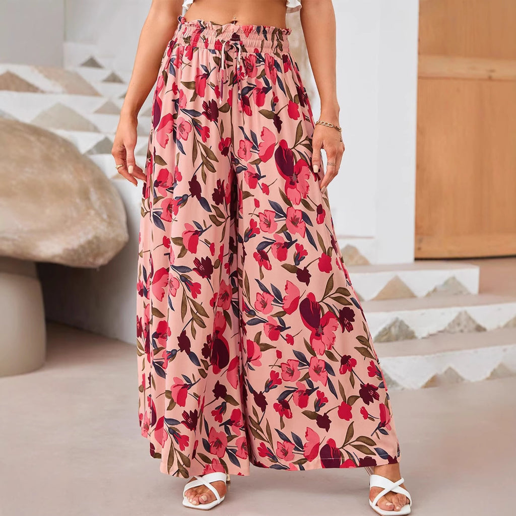 Flowers Printed Wide-leg Trousers Summer Casual Straight Pnats For Women Beach Clothing