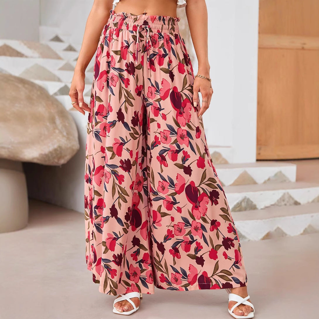 Pantalones Anchos Estampados Florales de Verano Casuales Rectos para Mujer Ropa de Playa