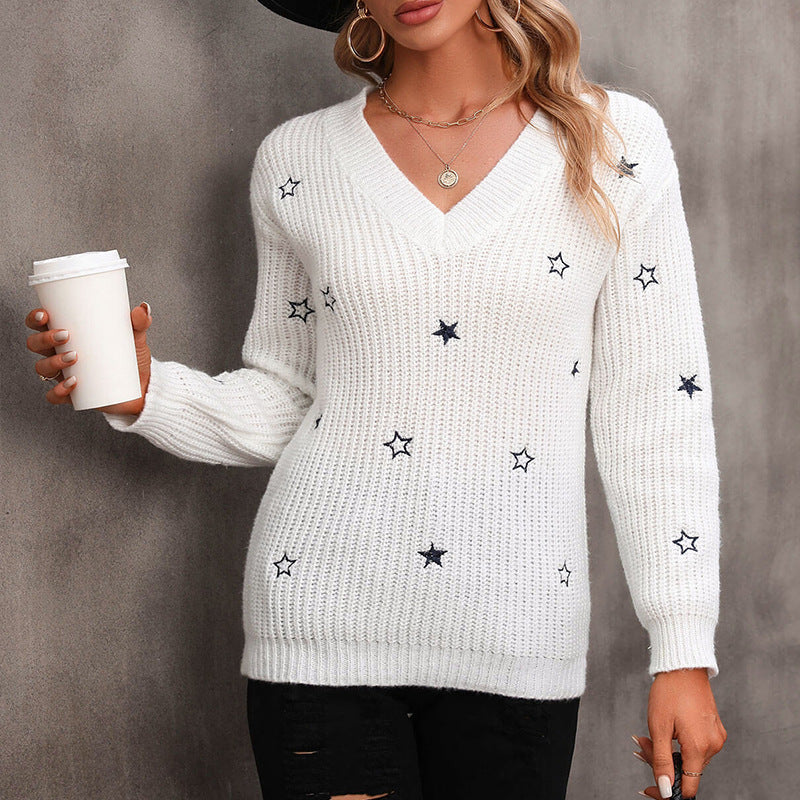 New Commuter V-Neck Solid Little Star Embroidery Sweater