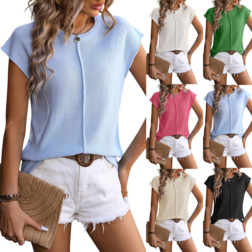 Nouveau haut tricoté à col rond et manches courtes, T-shirt décontracté d'été ample de couleur unie, Vêtements pour femmes