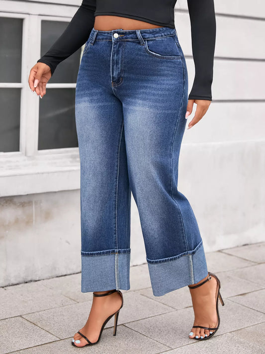 Shop Plus Size High Waist Cuffed Wide Leg Jeans - Women's Fashion | Akatonbo