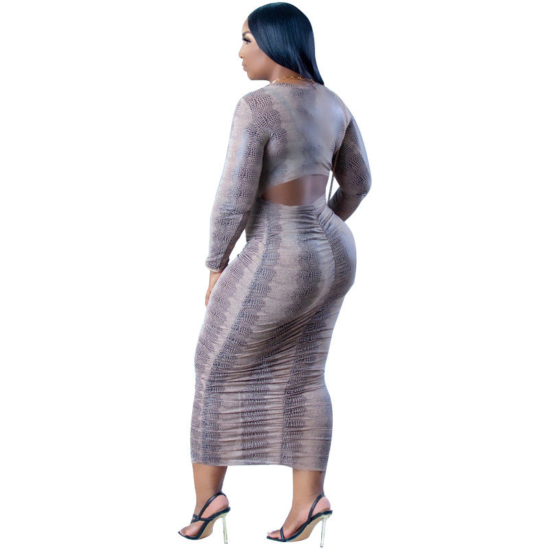 New Skinny Women's Long Sleeve Pleated High Stretch Print Dress