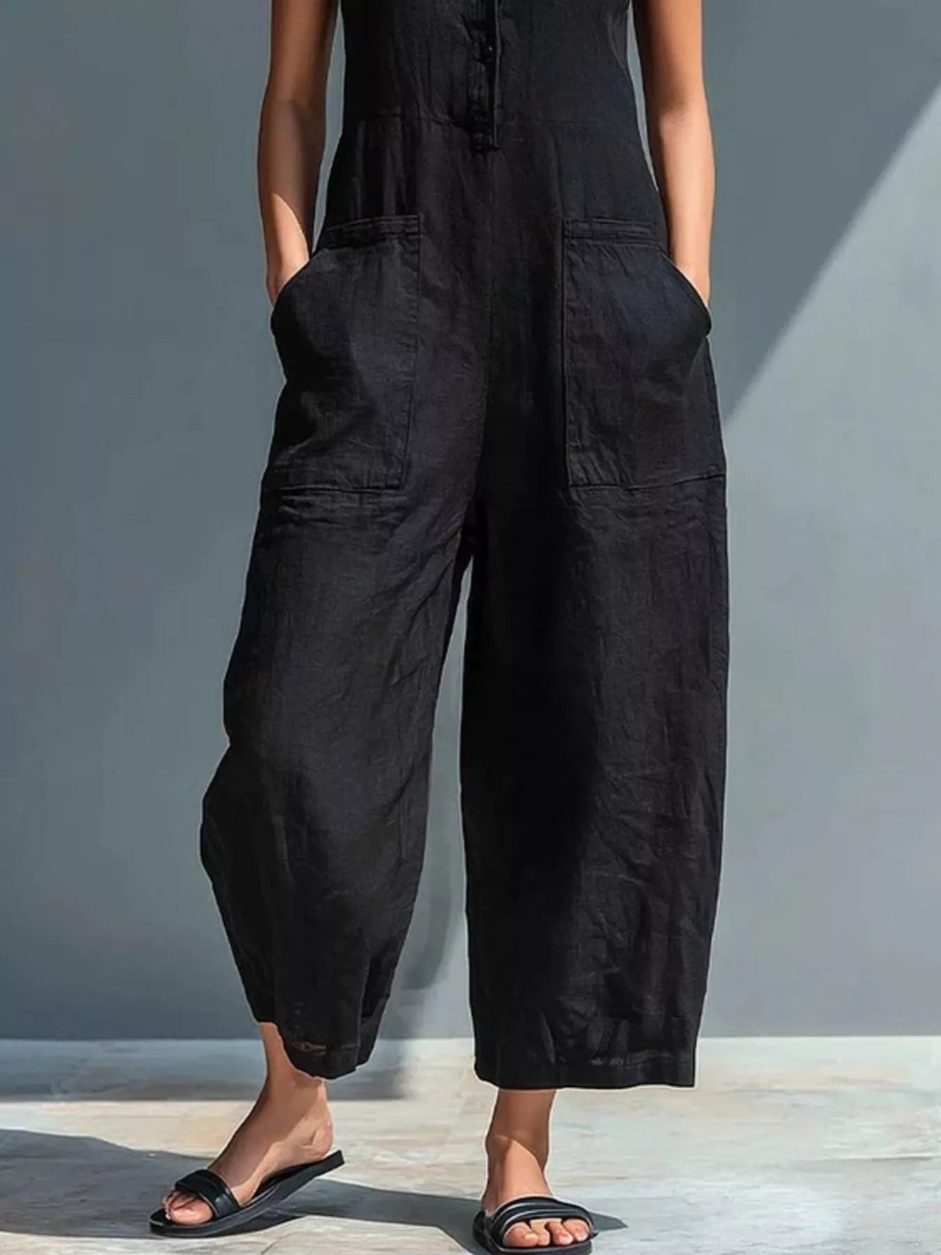 Shop Full Size Button Front Sleeveless Jumpsuit Plus Size - Women's Fashion | Akatonbo