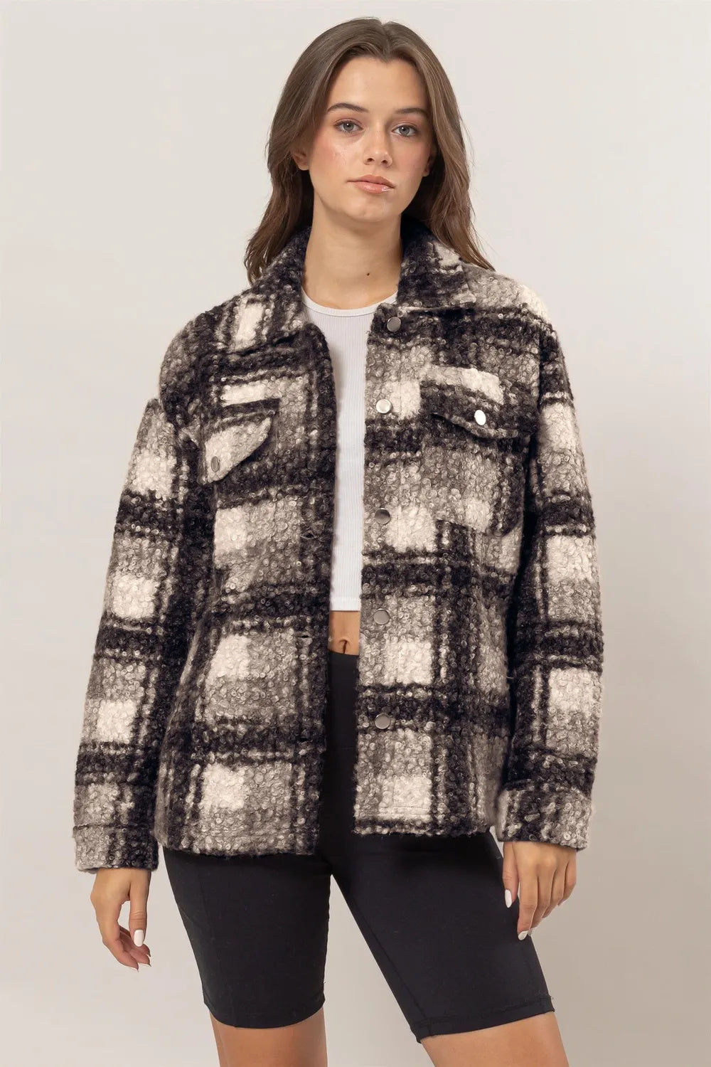 Chaqueta de boucle a cuadros con botones