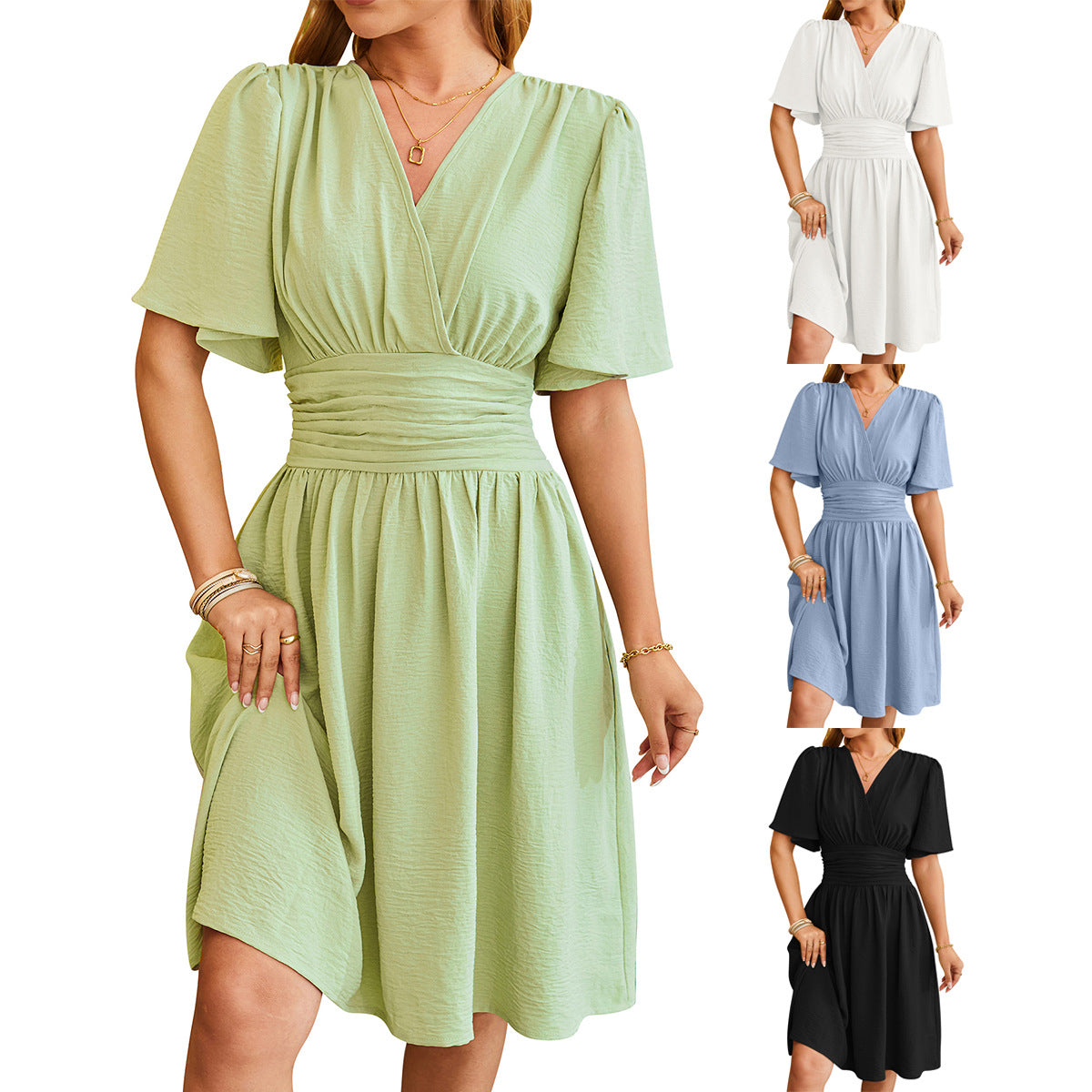 Akatonbo V-Neck Short-Sleeved Dress Fashion Bell-Sleeved Dress Summer Womens Clothing