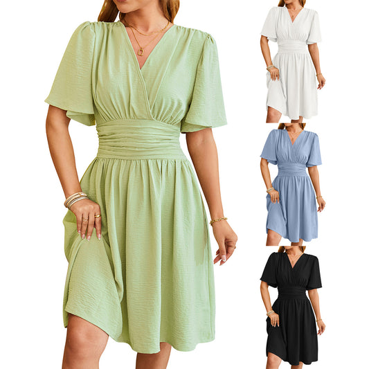Akatonbo V-Neck Short-Sleeved Dress Fashion Bell-Sleeved Dress Summer Womens Clothing