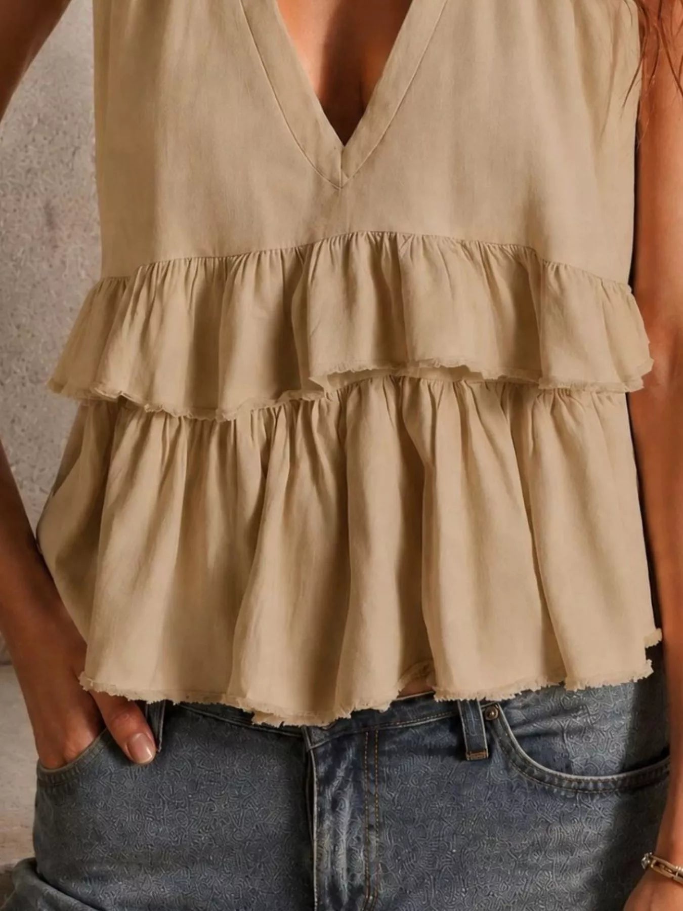 Shop Ruffled V-Neck Sleeveless Top - Women's Fashion | Akatonbo
