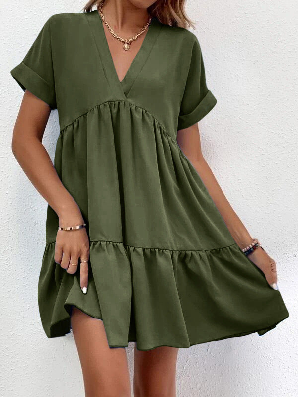 Nuevo vestido de manga corta con cuello en V, vestido dulce informal de verano con volantes, vestido de playa de color liso para ropa de mujer