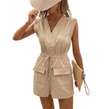 Jumpsuit Tied V-neck Solid Color One-piece Shorts