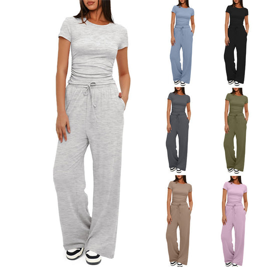 Traje de Yoga Deportivo Informal de Color Liso de 2 piezas, Top de Manga Corta y Pantalones de Pierna Ancha con Cordón de Cintura Alta, Conjunto de Moda de Verano para Ropa de Mujer