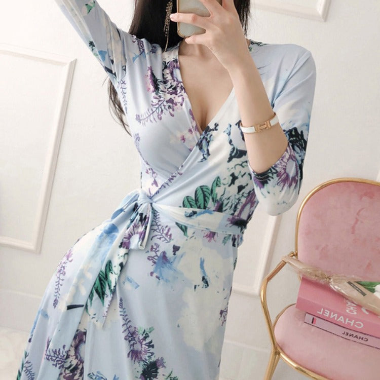 Slim Slimming Temperament Lace V-neck Waist Dress Women