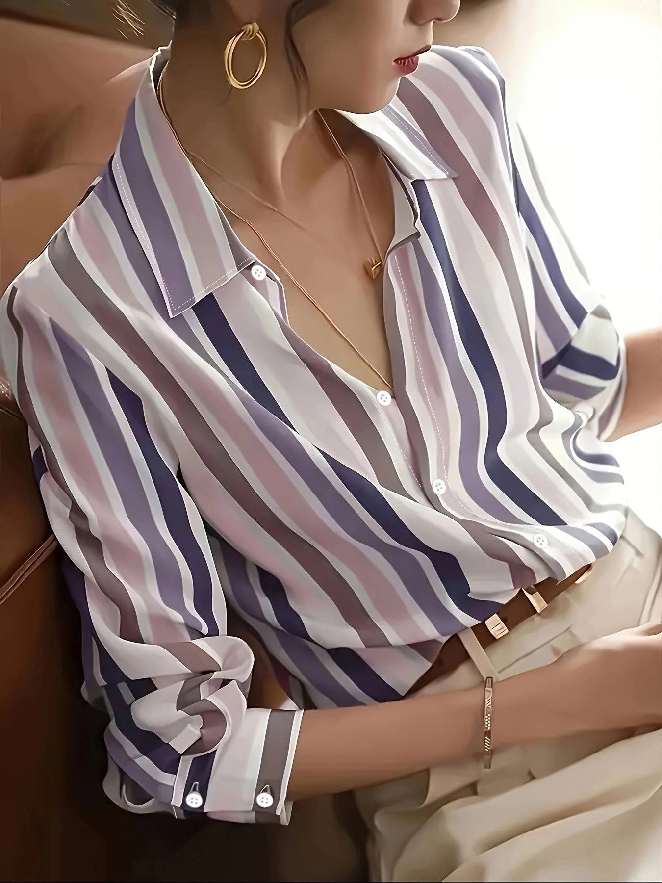 Ladies' Long-sleeved Striped Printed Versatile Casual Shirt