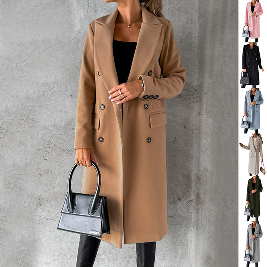 Abrigo largo con solapa, moda invernal, liso, cruzado, entallado, chaqueta larga, ropa de mujer