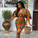 Digital Printing Women's Deep V-neck Flared Sleeve Hip Fit And Slim Skirt