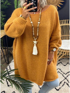 Mid-length Pullover Round Neck Solid Color Casual European And American Knitted Yellow Sweater