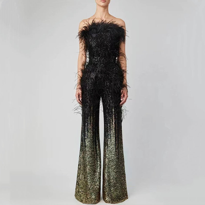 Akatonbo Ostrich Feather Gradient Sequin Tube Top Jumpsuit