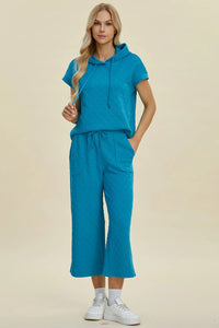Double Take Full Size Texture Drawstring Short Sleeve Hoodie And Pocketed Pants Set