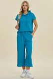 Double Take Full Size Texture Drawstring Short Sleeve Hoodie And Pocketed Pants Set