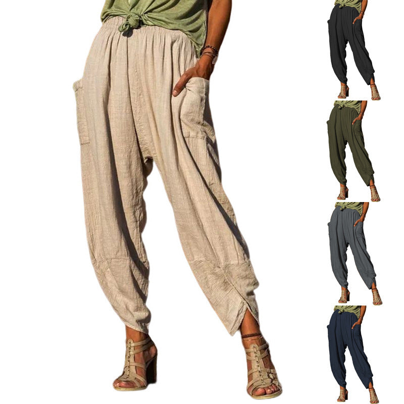 Women's Casual Bloomers Loose Cotton And Linen Trousers