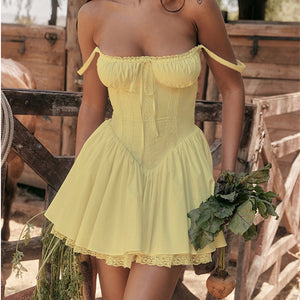 Sexy Lace Suspender Dress Summer Fashion Lace-up Slim Waist Pleated Short Dress
