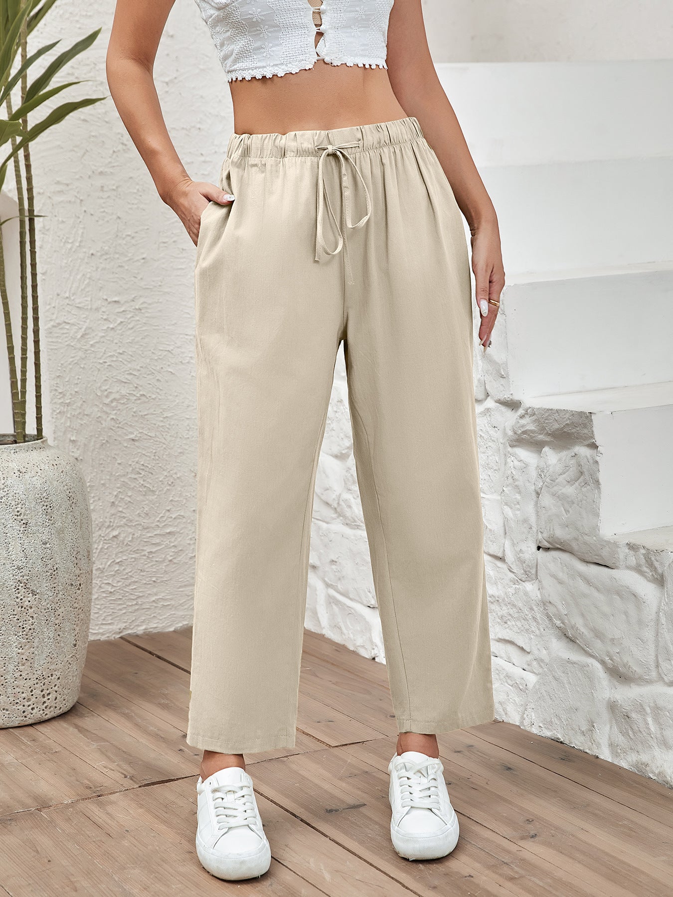 Women's Drawstring Elastic Cotton And Linen Casual Cropped Pants