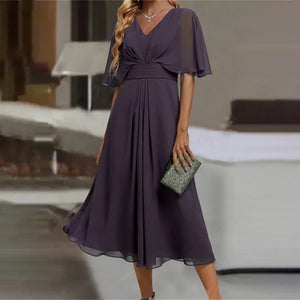 Fashion Solid Color And V-neck Waist Trimming Casual Swing Dress