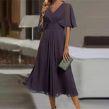 Fashion Solid Color And V-neck Waist Trimming Casual Swing Dress