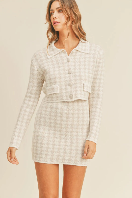 Shop MABLE Houndstooth Cropped Knit Cardigan and Mini Skirt Set - Women's Fashion | Akatonbo