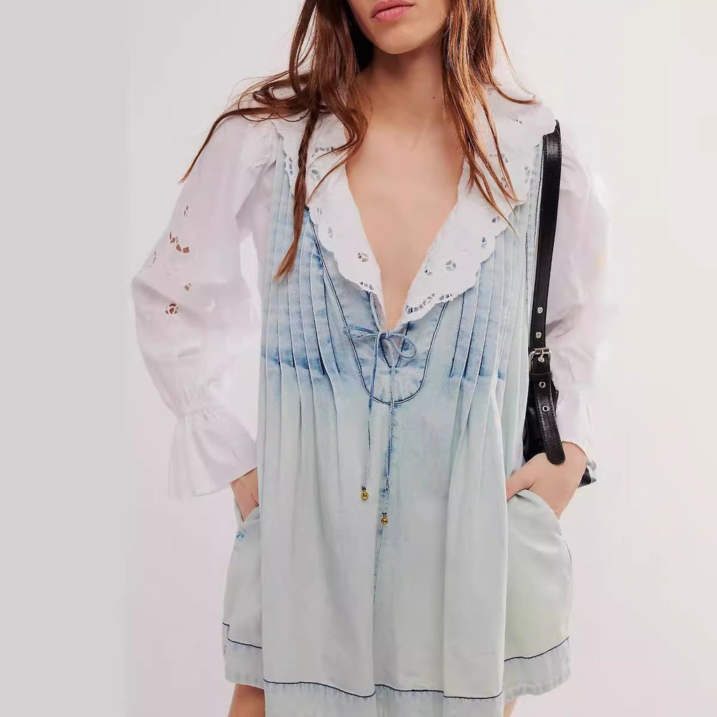 V-neck Sleeveless Denim Shorts Jumpsuit With Pockets