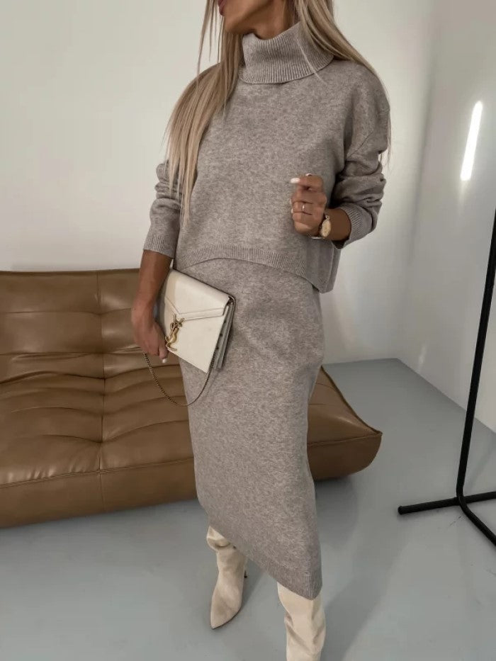 Traje de dos piezas de suéter, moda de invierno, jersey de cuello alto y vestido largo sin mangas, ropa de mujer