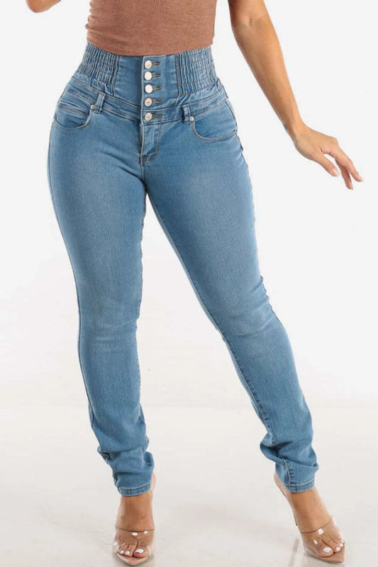 Shop High Waist Buttoned Skinny Hip Lifting Jeans - Women's Fashion | Akatonbo