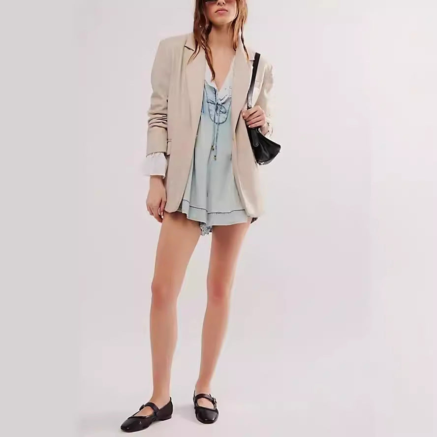 V-neck Sleeveless Denim Shorts Jumpsuit With Pockets