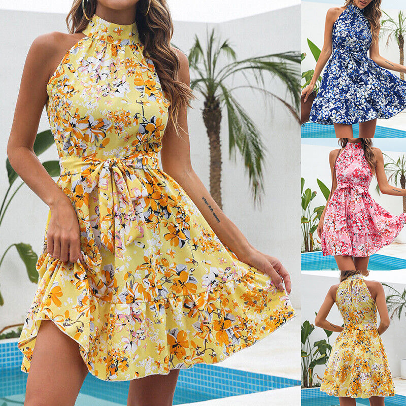New Flowers Print Halter Dress Summer Fashion Temperament Lace-up Ruffled Dress