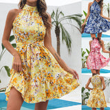 New Flowers Print Halter Dress Summer Fashion Temperament Lace-up Ruffled Dress