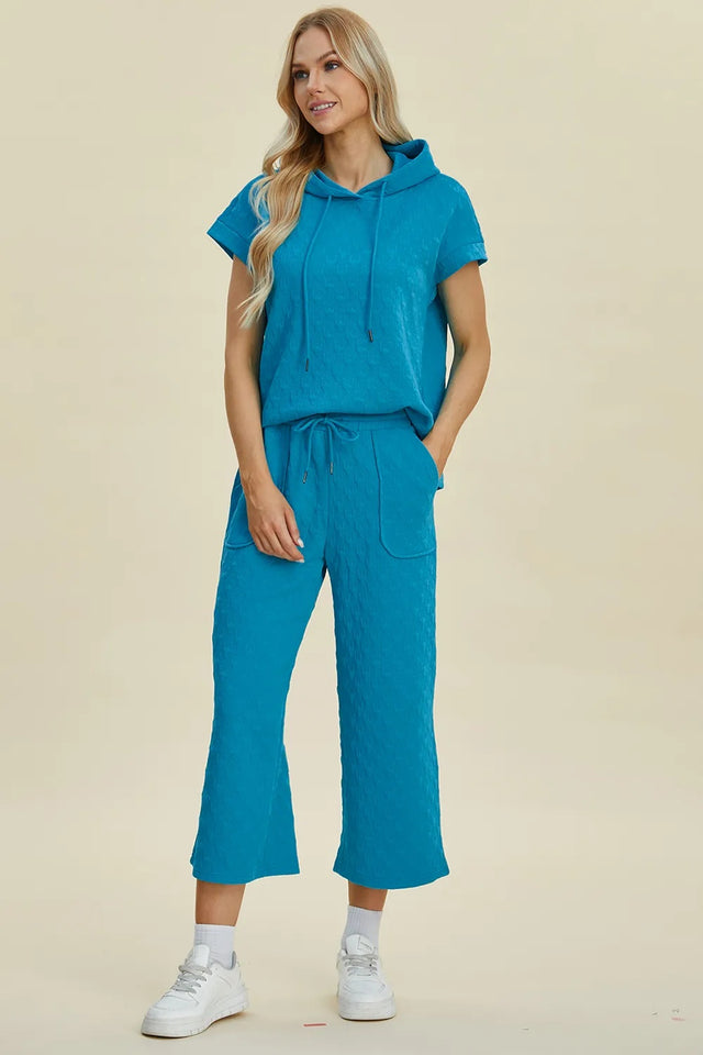 Double Take Full Size Texture Drawstring Short Sleeve Hoodie And Pocketed Pants Set