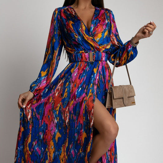Akatonbo Fashion Printed V-Neck Long Sleeve With Belt Dress