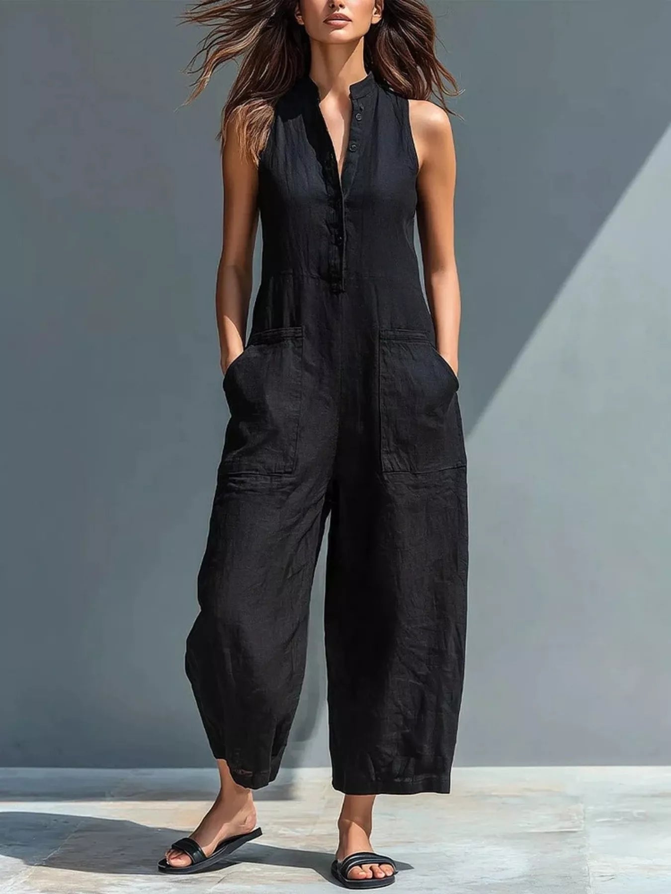 Shop Full Size Button Front Sleeveless Jumpsuit Plus Size - Women's Fashion | Akatonbo