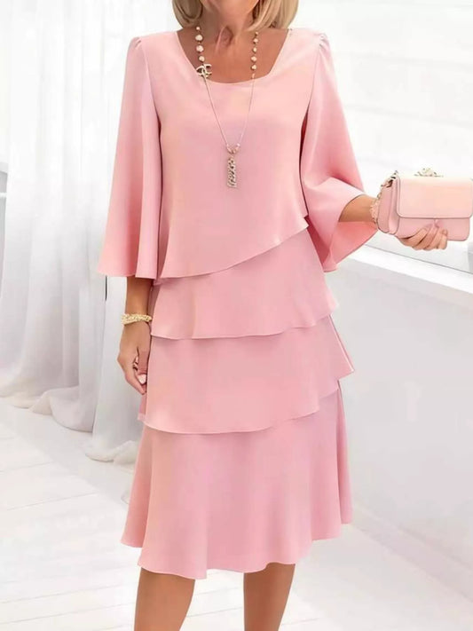 Shop Full Size Ruffled Layered 3/4 Sleeve Dress Plus Size - Women's Fashion | Akatonbo