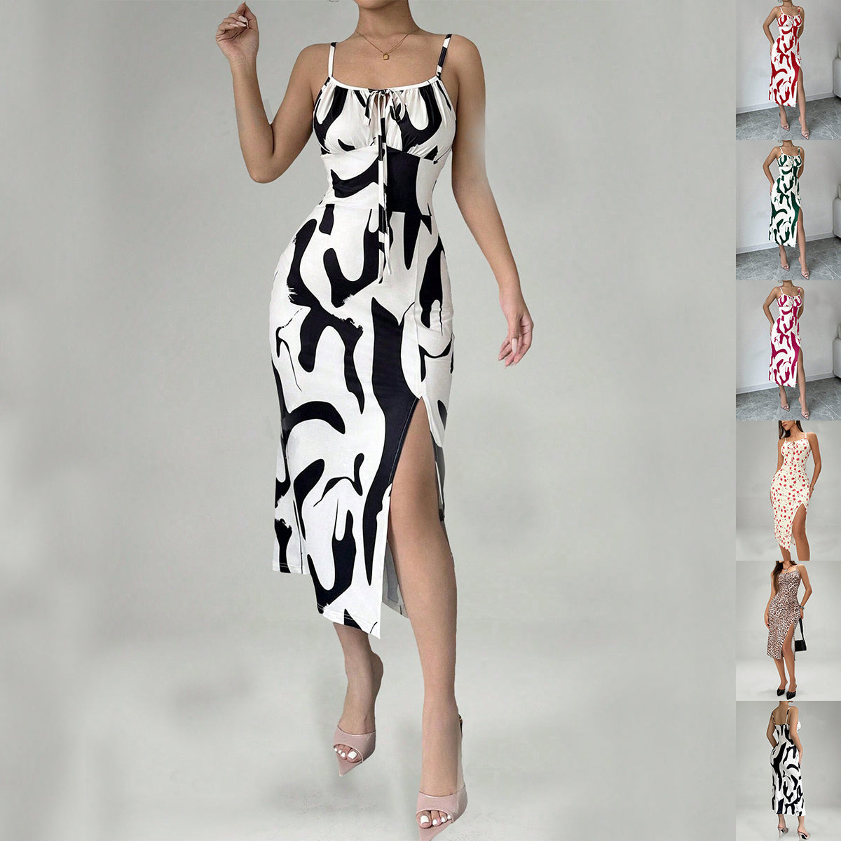 Summer Printed Suspender Split Dress
