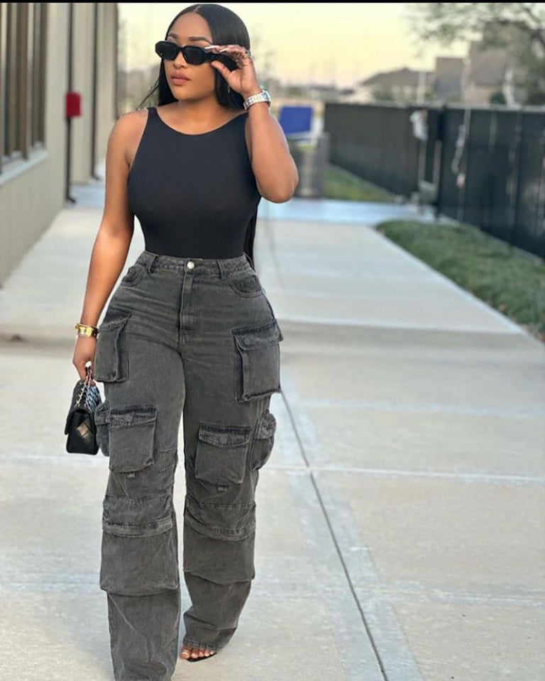 Multi-pocket Jeans Washed Overalls