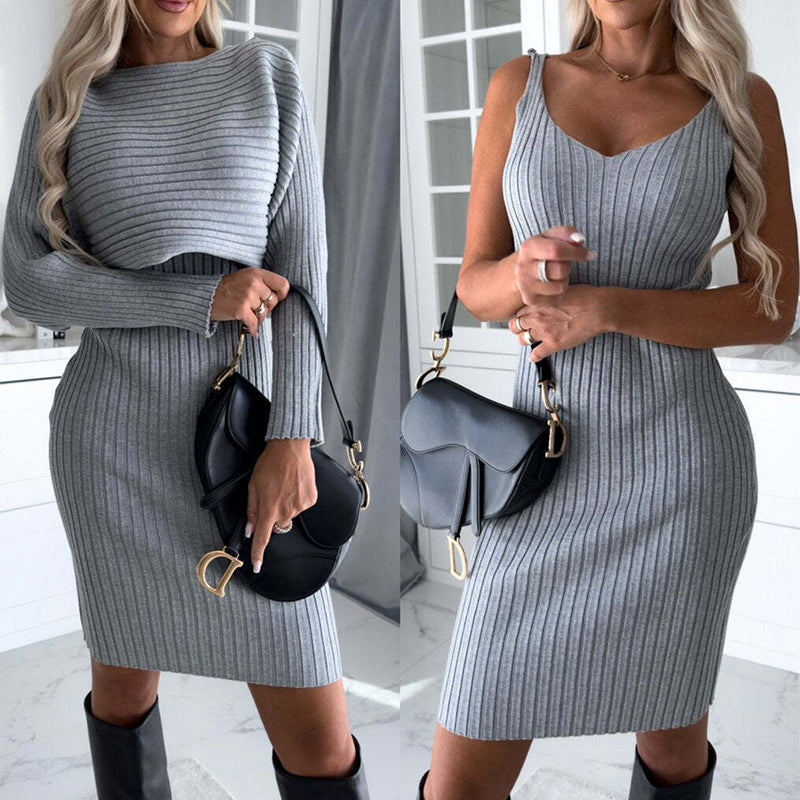 Traje de 2 piezas para mujer, top de manga larga con raya sólida y ajustado