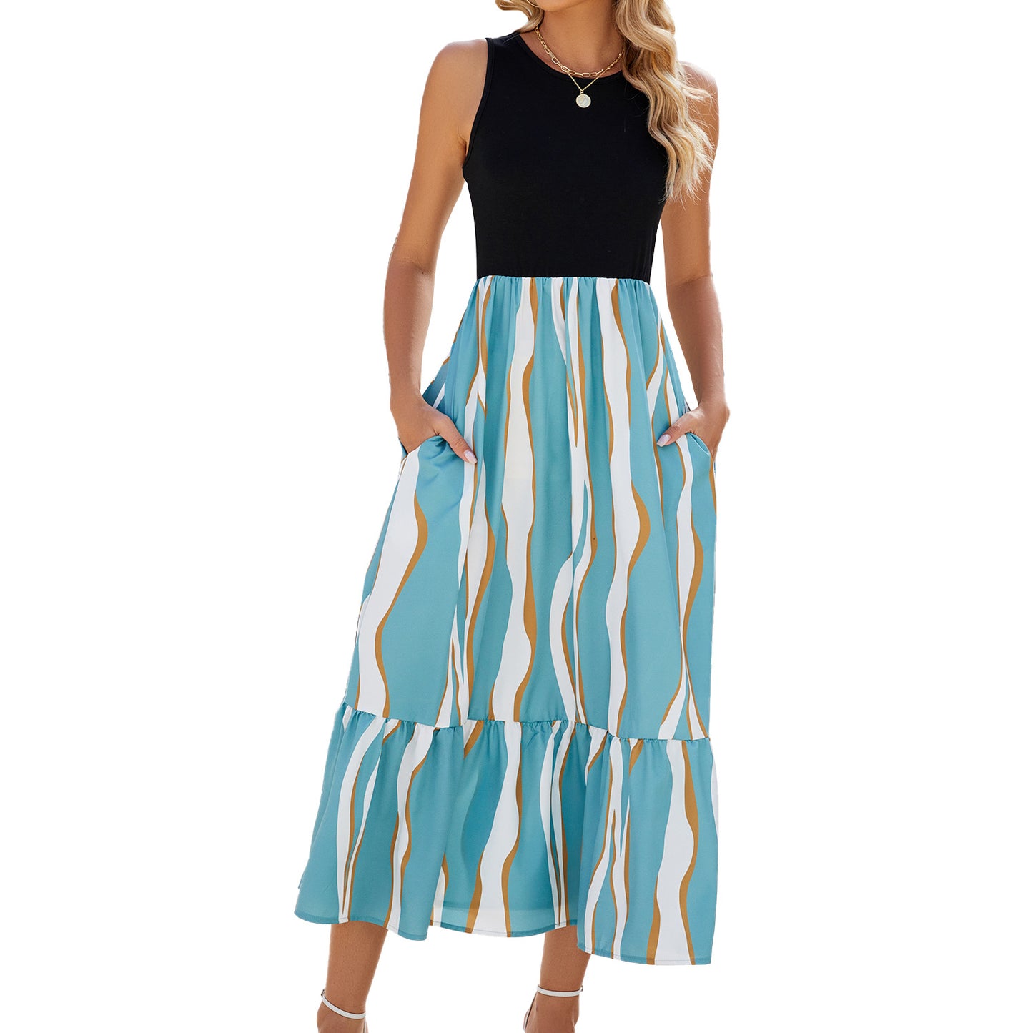Akatonbo Round Neck Sleeveless Long Dress Summer Fashion Striped Print Dresses Womens Clothing
