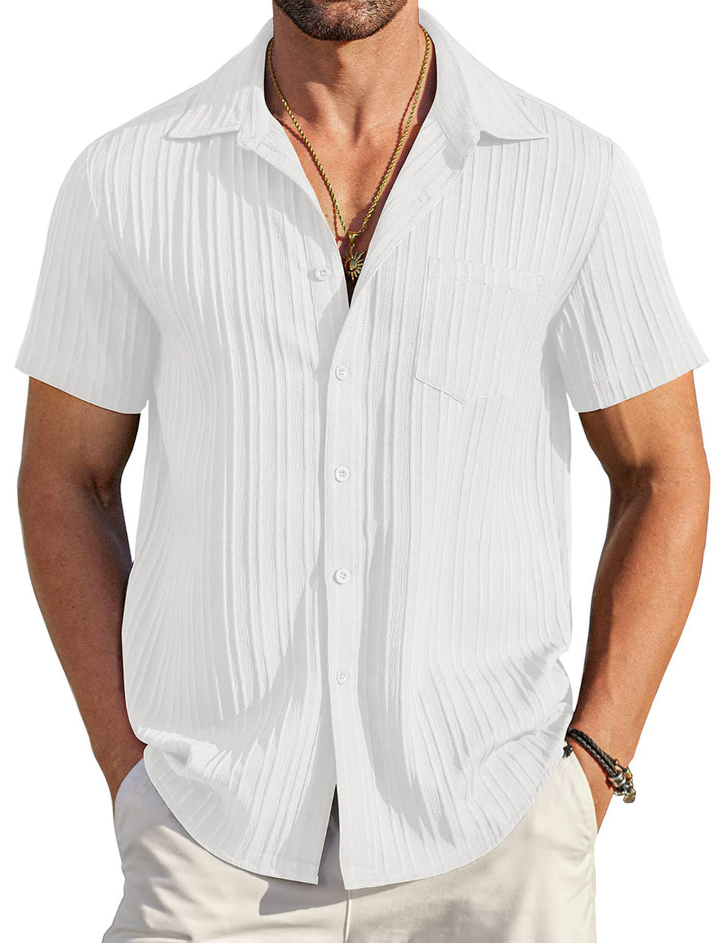 Polo Collar Solid Color Short Sleeve Button Shirt Men's Shirt