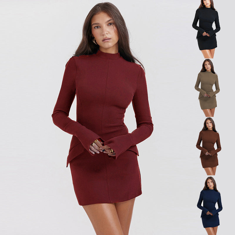 Akatonbo Fashion Long Sleeve Dress With Two Pockets Slim Bodycon Hip Short Dress For Women