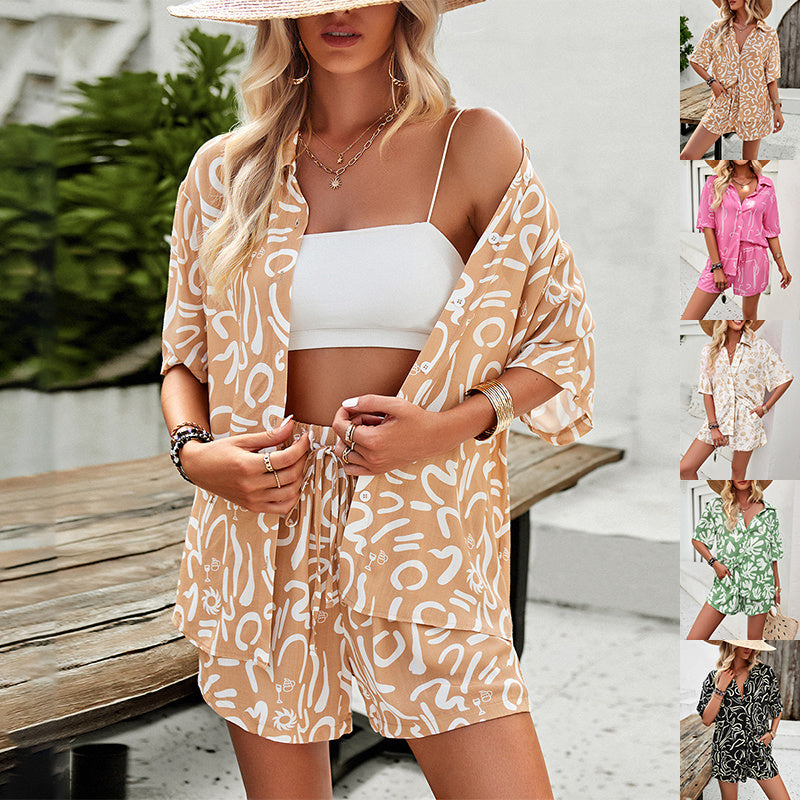 Trajes informales estampados de 2 piezas, camisa de manga corta y shorts con cordón, ropa de verano para mujer