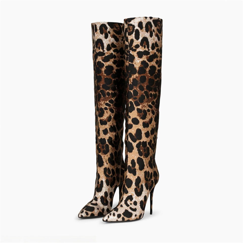 Pointed Stiletto Heel Leopard Print Boots