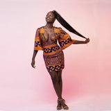 Digital Printing Women's Deep V-neck Flared Sleeve Hip Fit And Slim Skirt