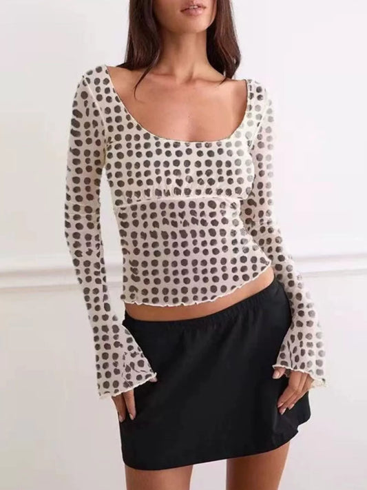 Shop Polka Dot Mesh Flare Sleeve Top - Women's Fashion | Akatonbo