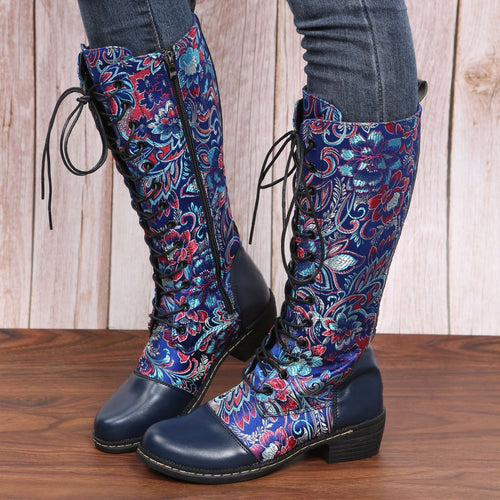 Flowers Print Long Boots WInter Retro Ethnic Style Shoes Lace-up Heeled Boots Women